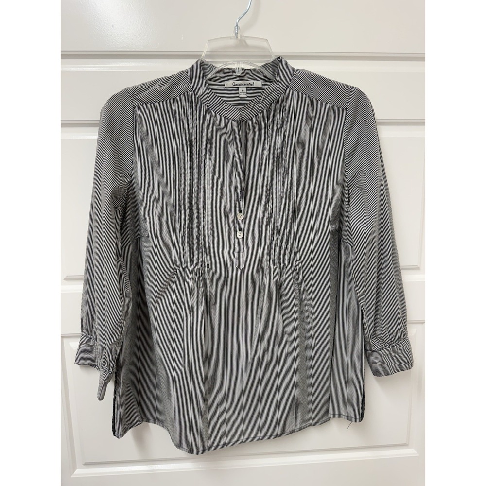 Quintessential Gray White Pinstripe Blouse Small Pintuck Long Sleeve Top